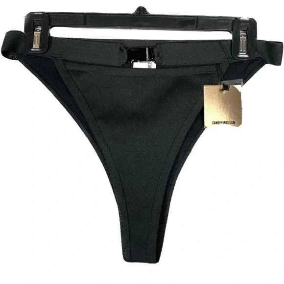 Candypants Exclusive Bandage High Leg Buckle Cut Out Black Bikini Bottom New - Picture 5 of 14